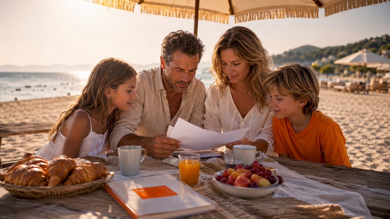 Family having breakfast and financial discussion outdoors