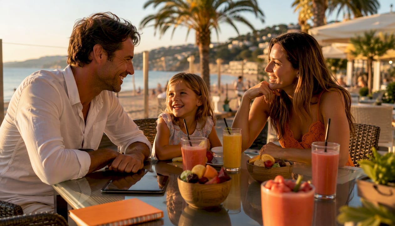 Family chatting on beach terrace with drinks