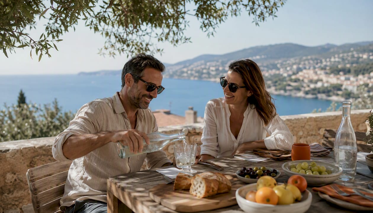Couple sharing lunch by the coast