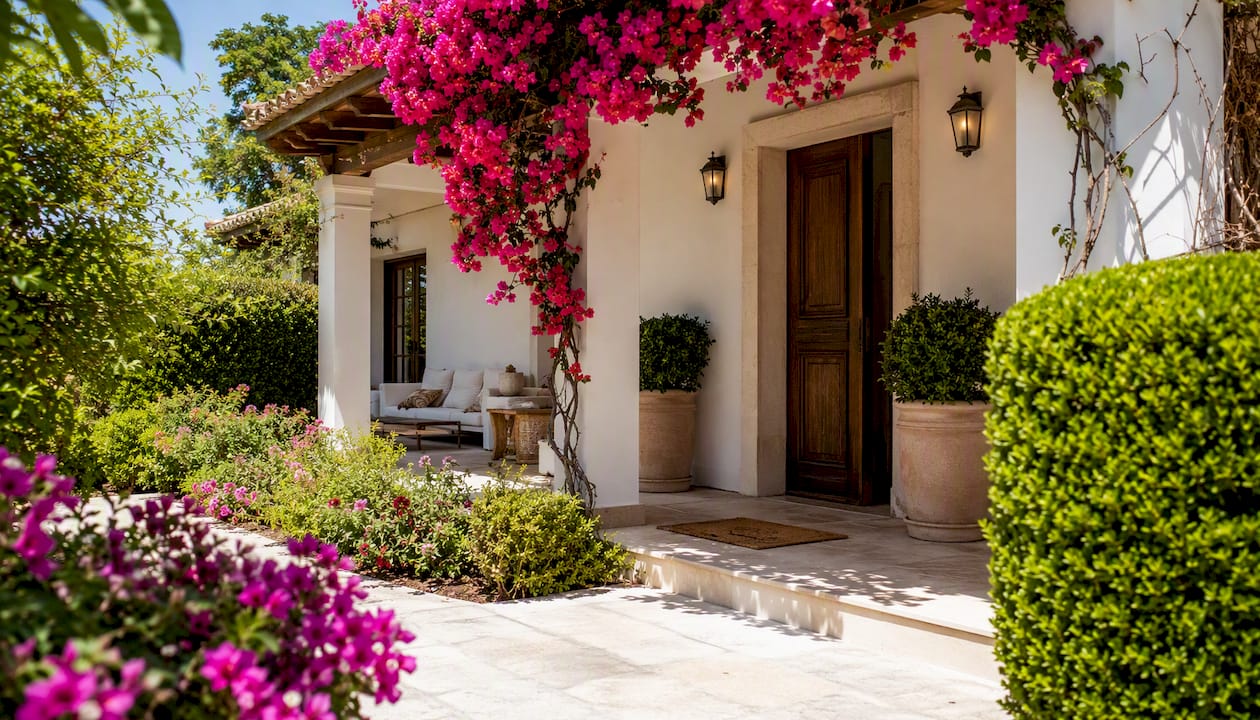 Prepared home exterior with tidy garden in sunlight