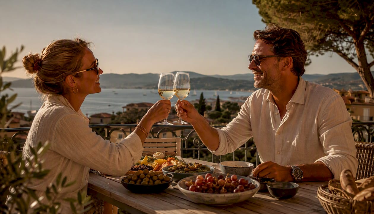 Couple toasting drinks on Mediterranean terrace