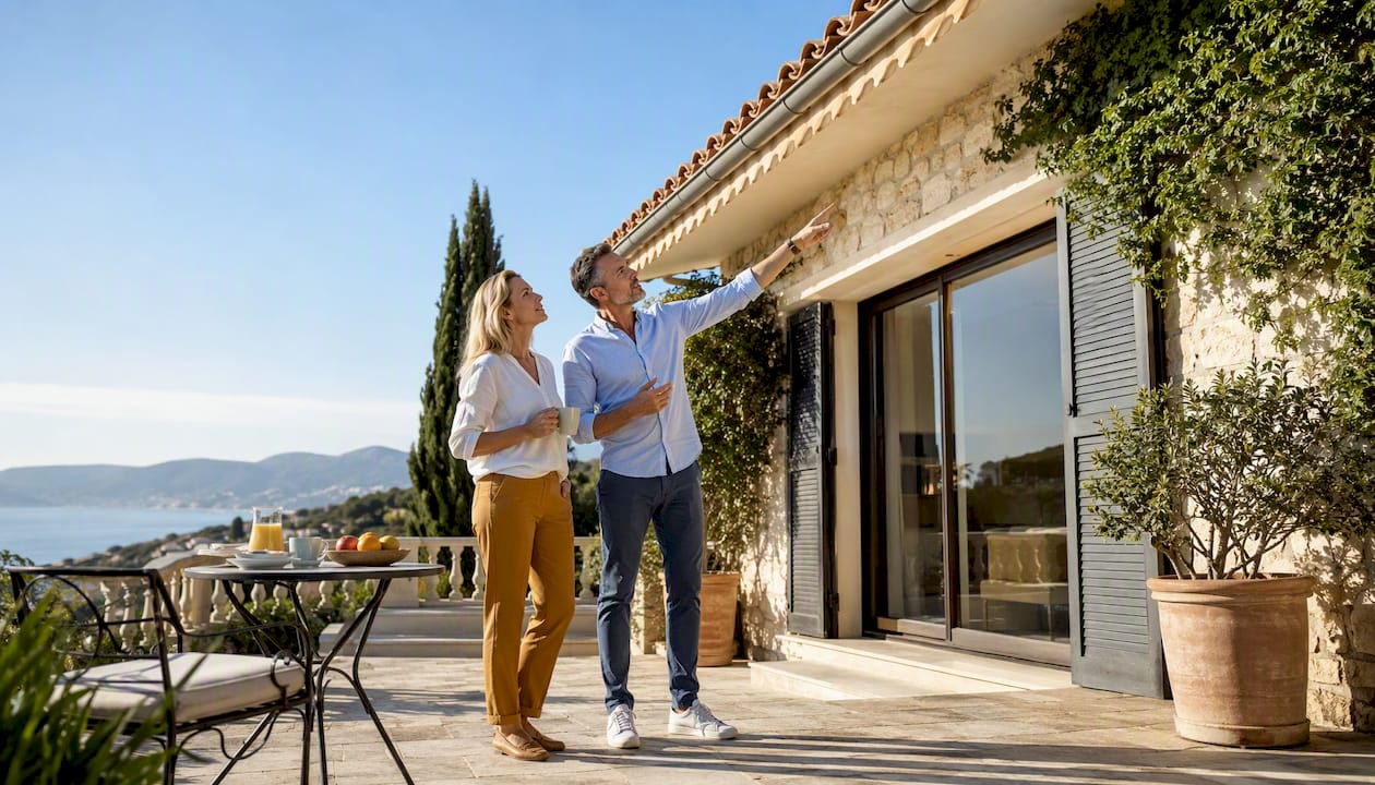 Couple inspecting villa exterior on terrace