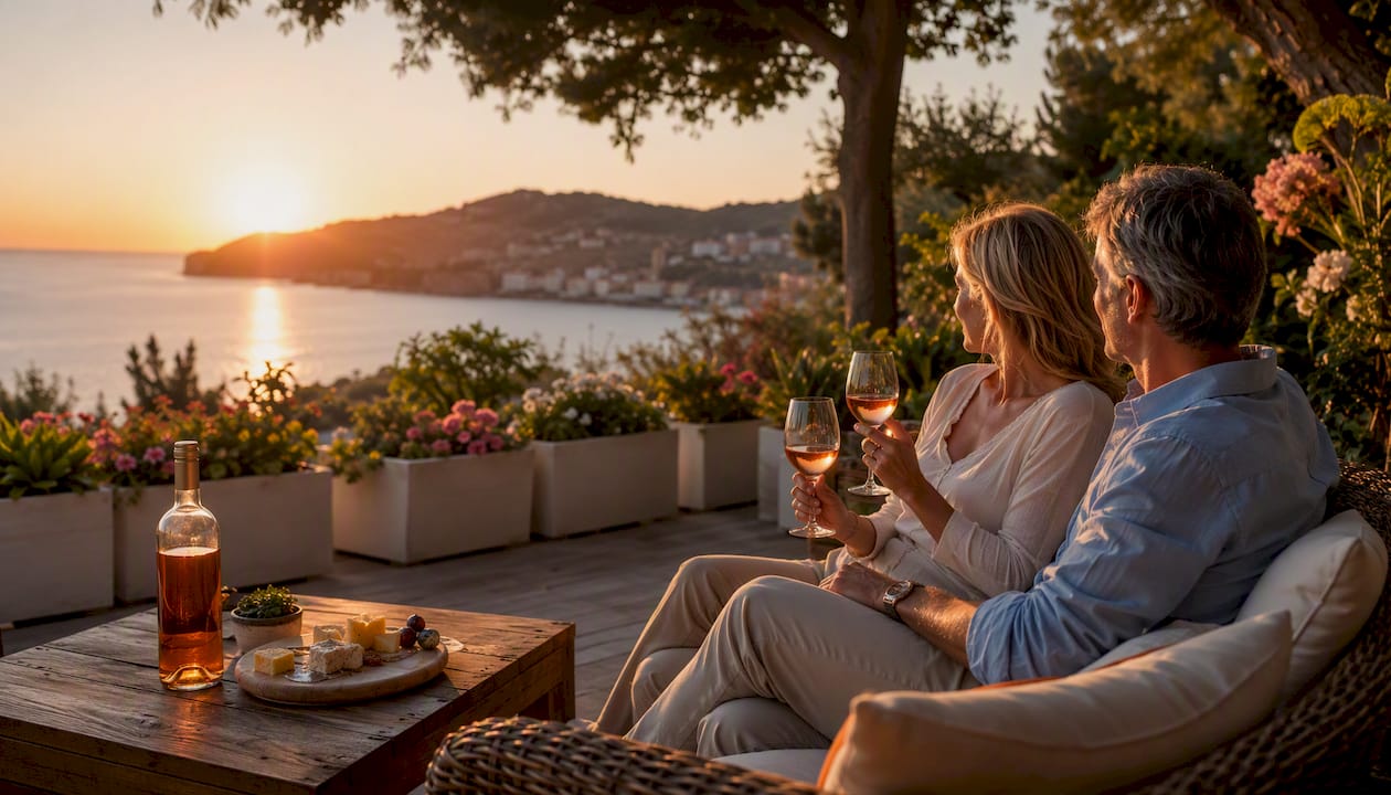 Couple enjoying sunset on terrace near commercial property