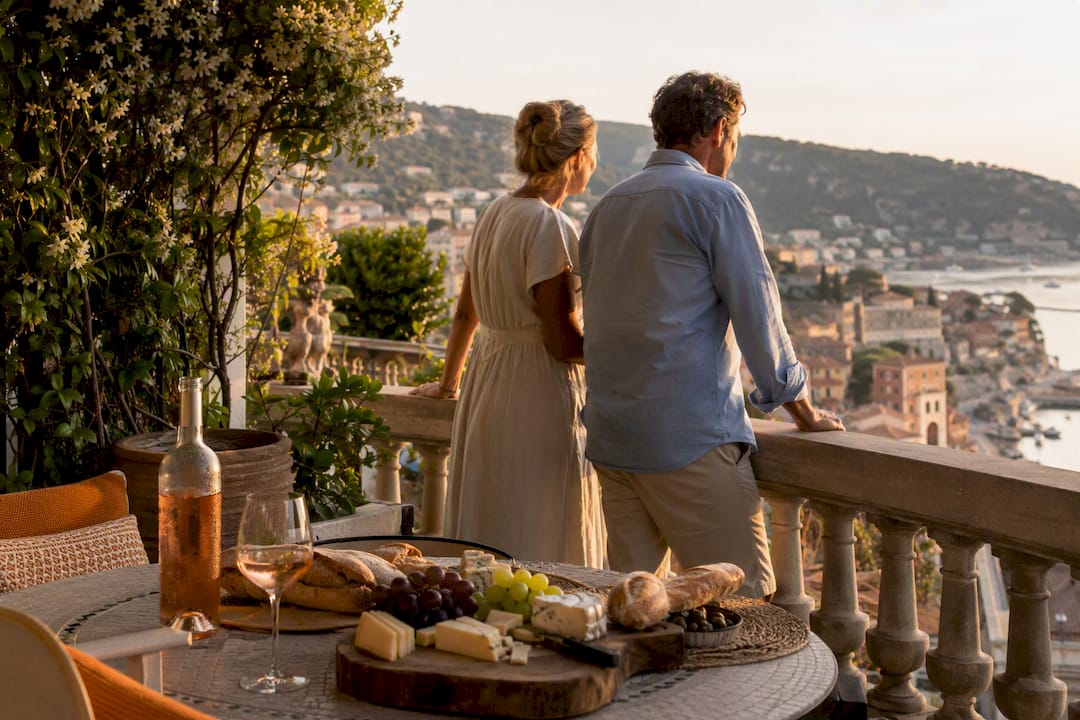 Couple enjoying wine on historic villa terrace
