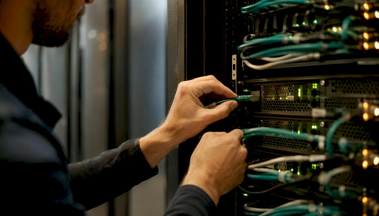 Hands connecting network cable in server rack