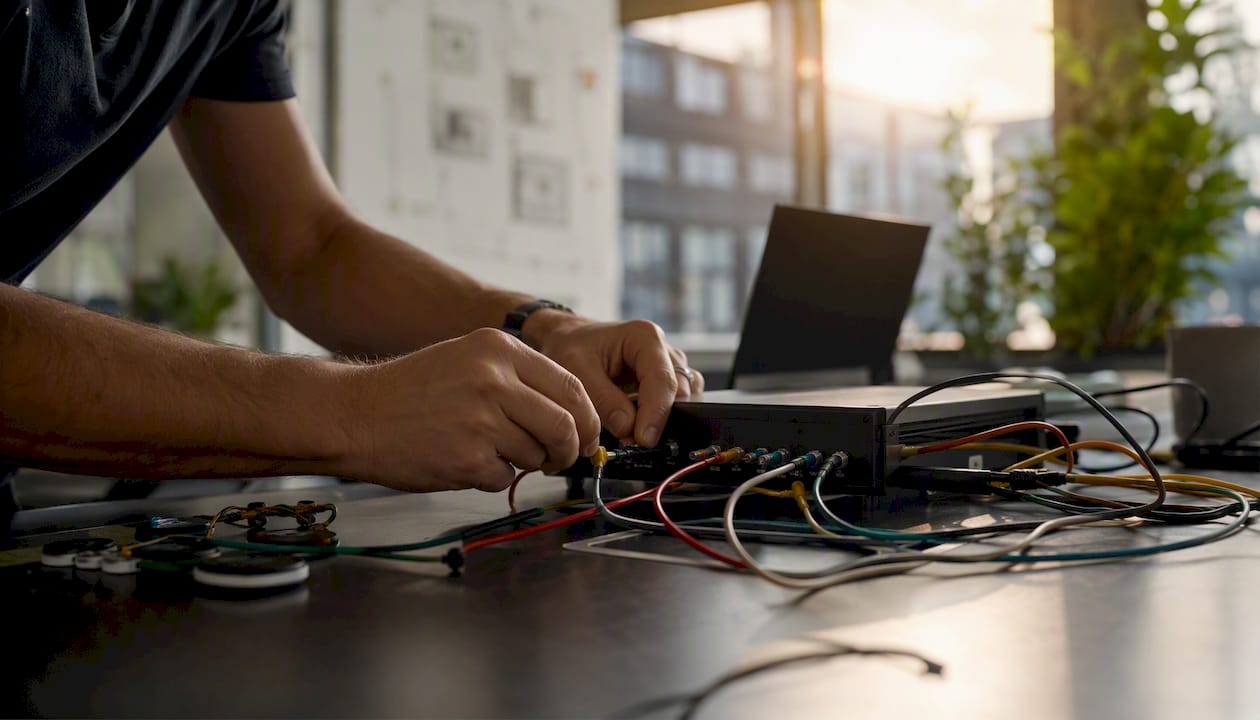 Hands connecting cables to automation device