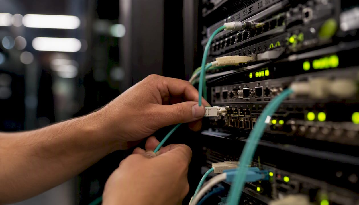 Hands connecting fiber optic cable in tech setup