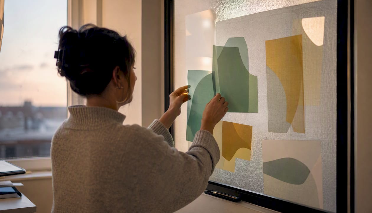 Hands arranging transparent overlays on glass pane