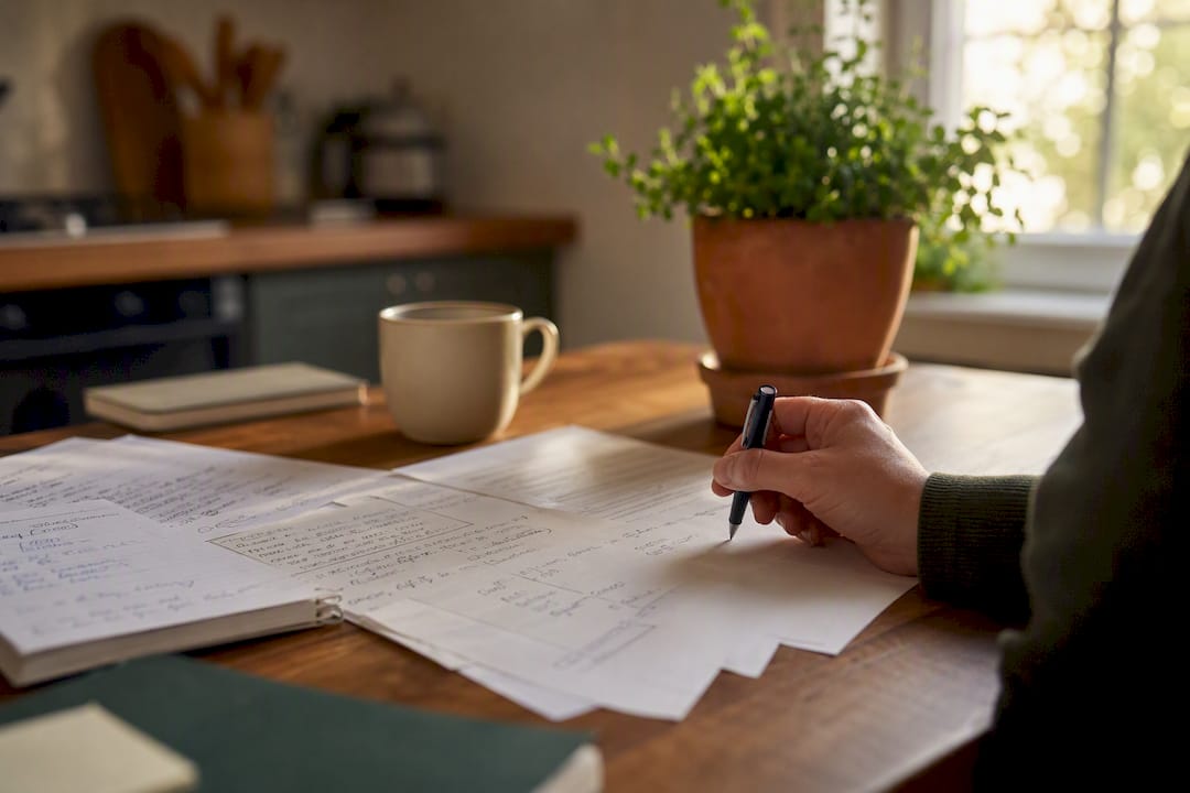 Printed content audit checklists and pen on desk