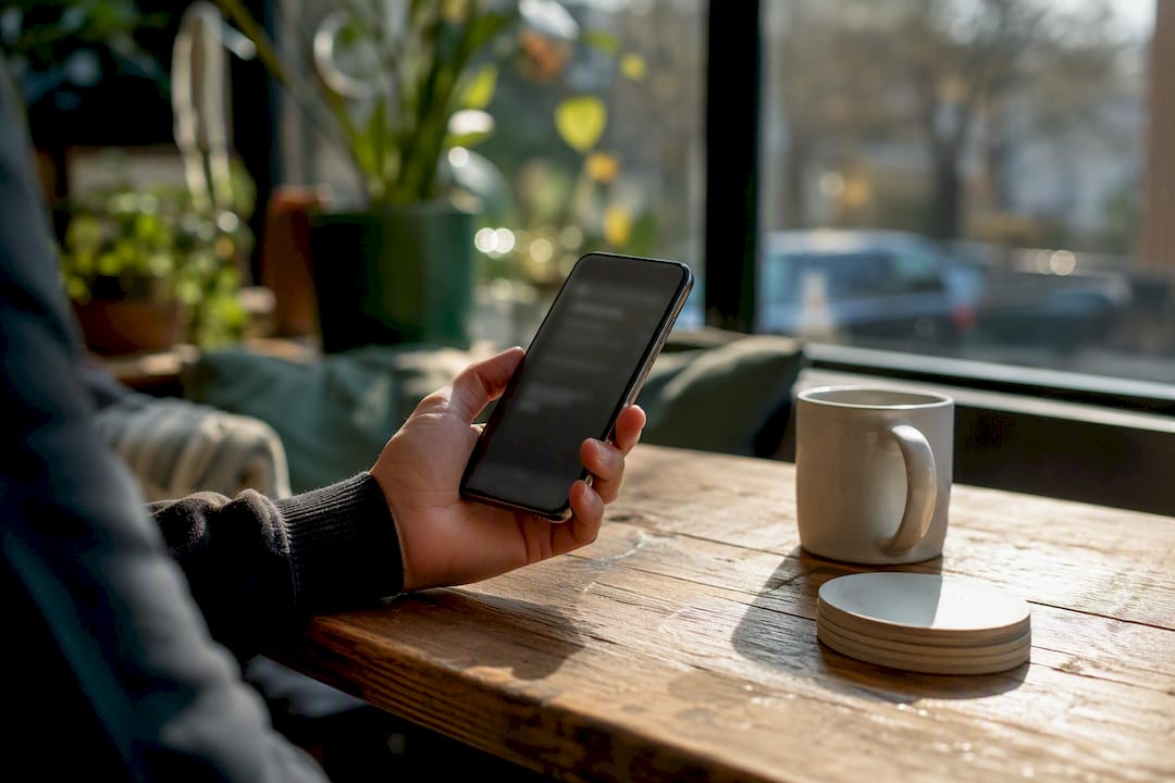 Hand holding smartphone for difficult review reading