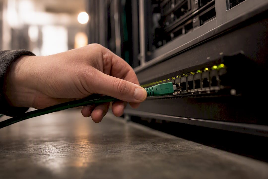 Hand plugging network cable into server