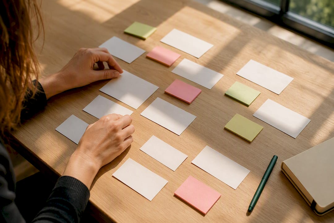 Hand arranging qualitative research notes on desk