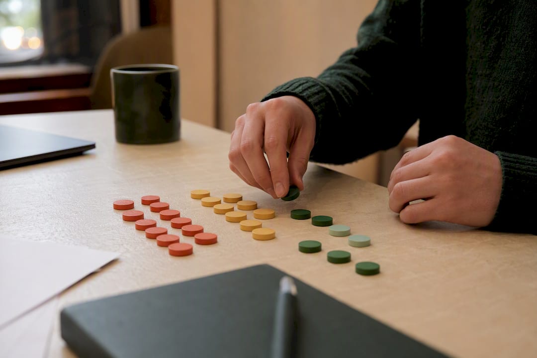 Hands sorting customer feedback tokens