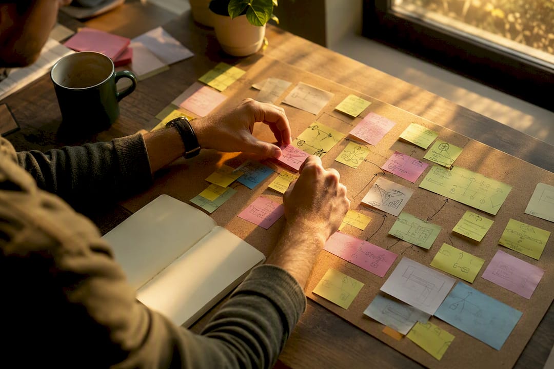 Developer hands organizing intelligence flow diagrams