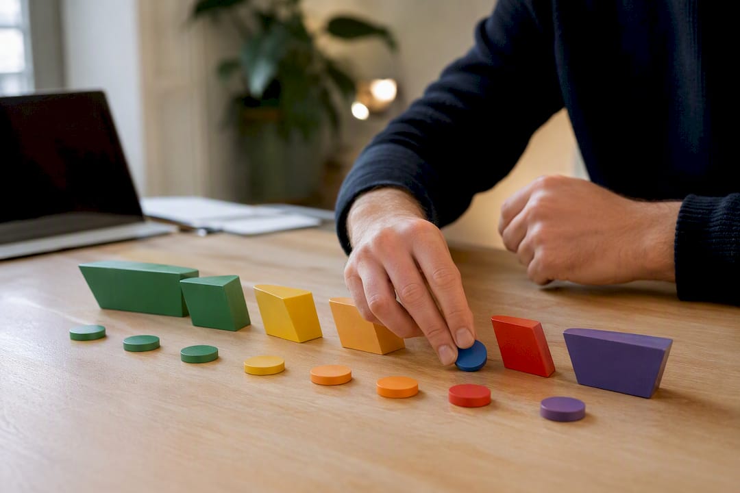 Hands placing tokens on funnel analysis grid