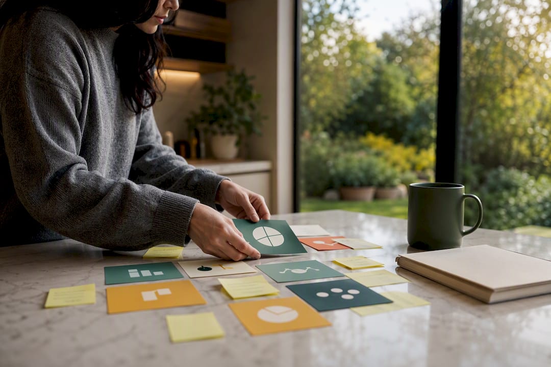 Hands placing KPI cards on a map on desk