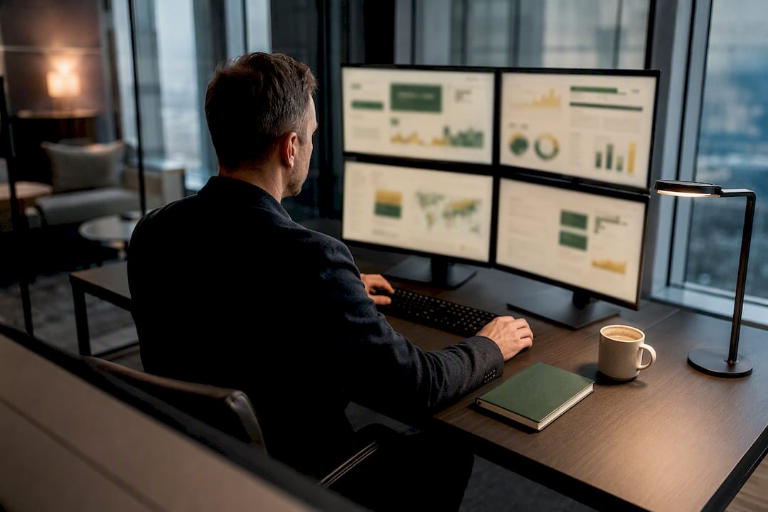 Consultant reviewing market entry research dashboards