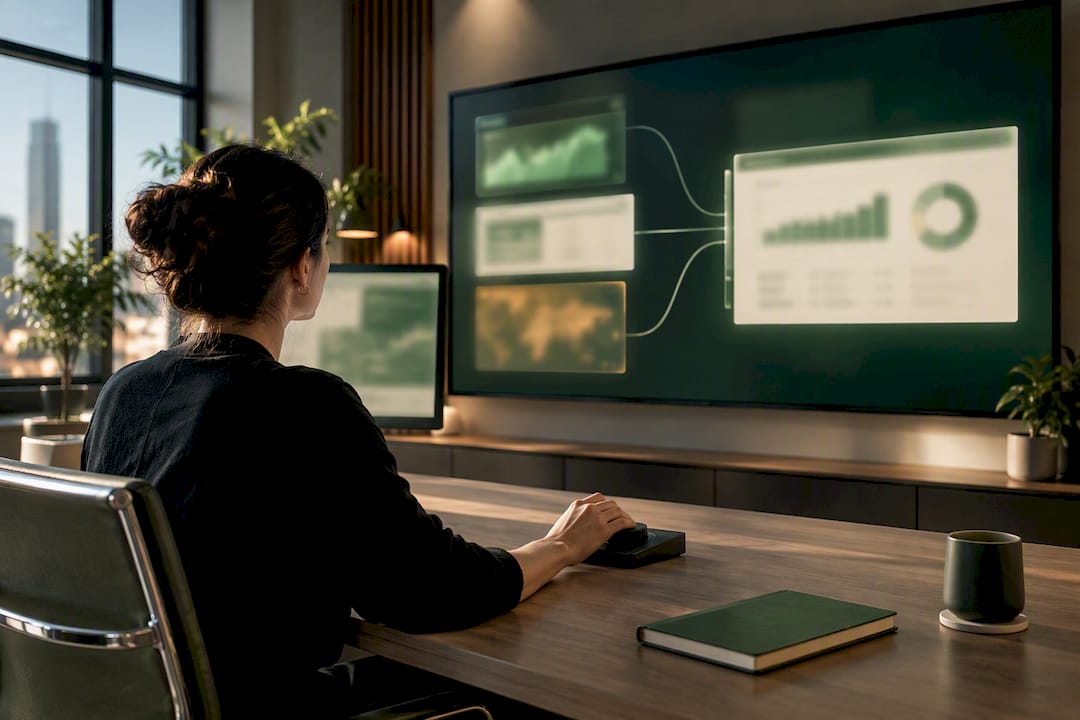 Analyst reviewing connected marketing data sources