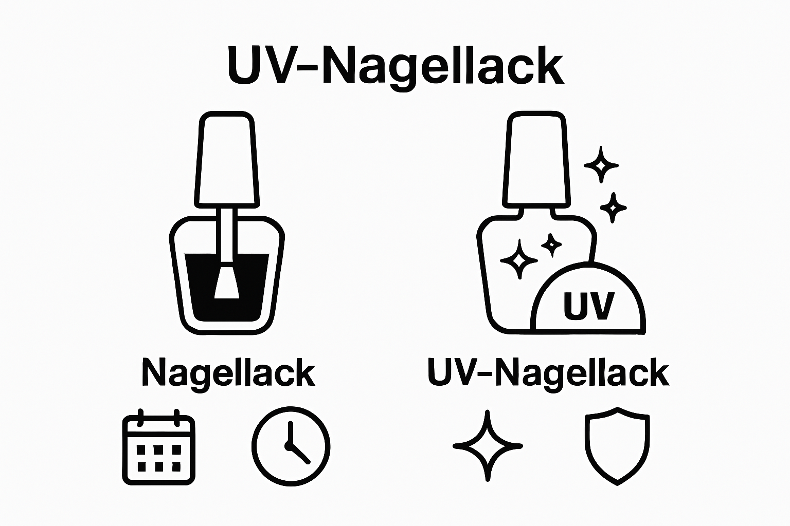 Vergleich UV-Nagellack und normaler Nagellack mit Symbolen für Glanz, Haltbarkeit und Widerstand
