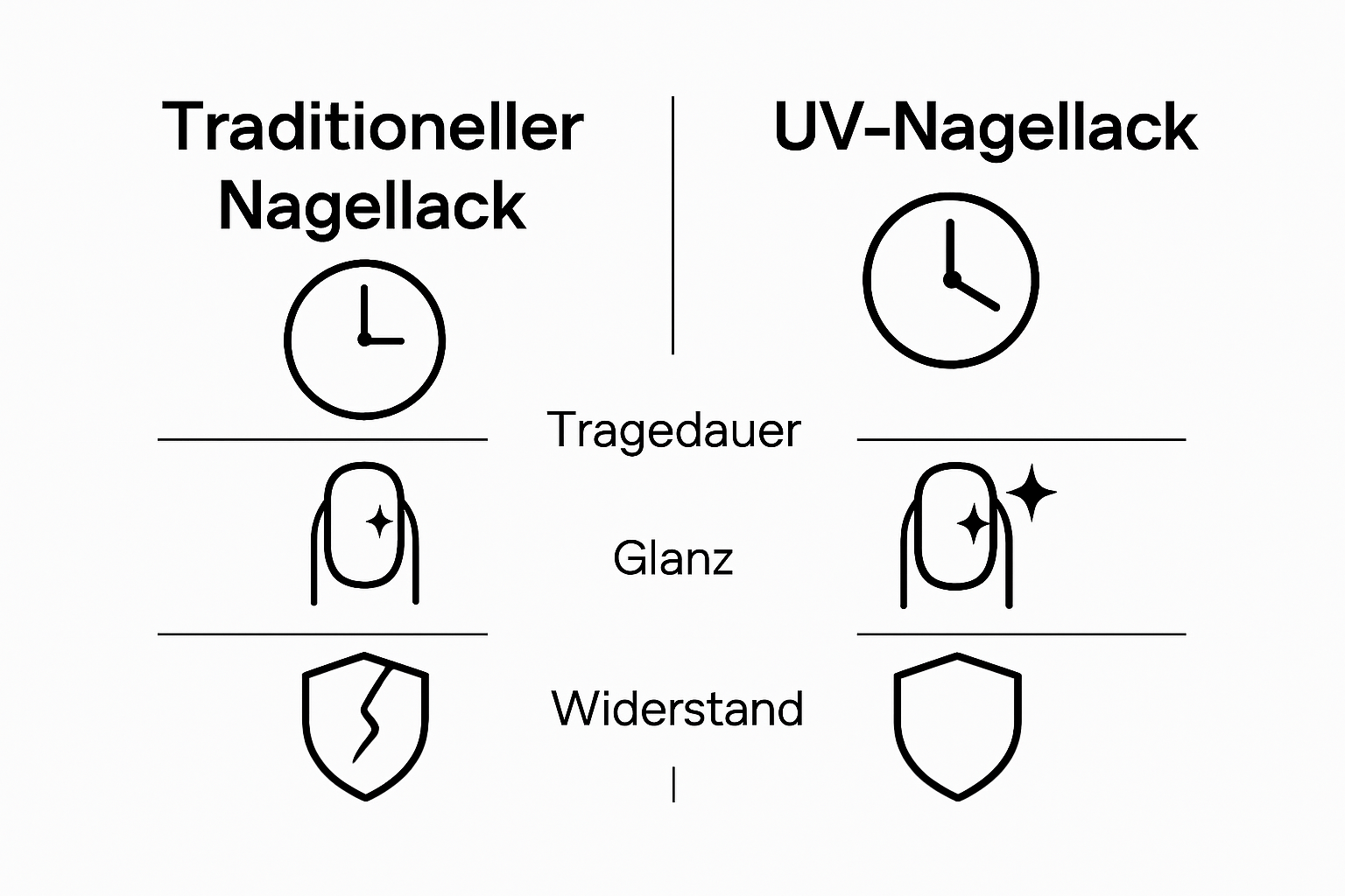 Einfache Grafik vergleicht Haltbarkeit und Glanz von UV-Nagellack und normalem Lack