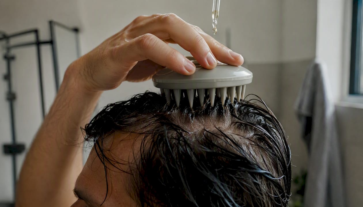 Una mano applica olio sul cuoio capelluto con un applicatore in silicone.
