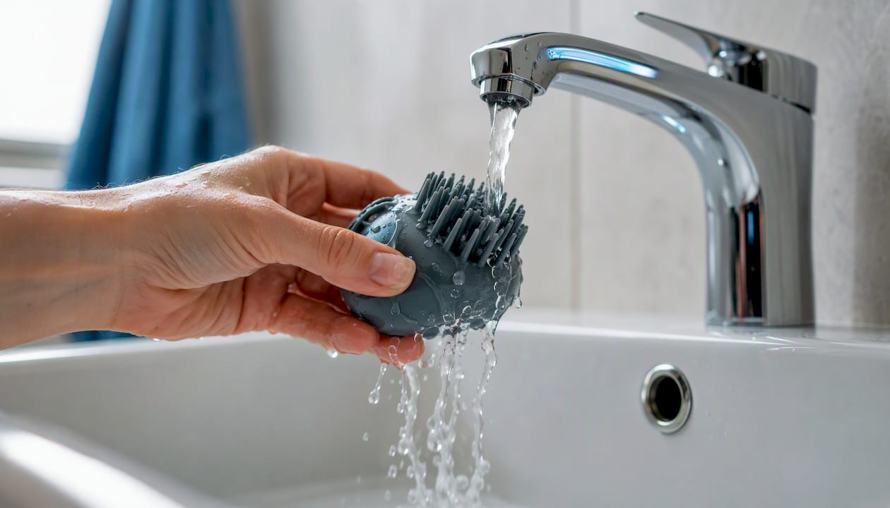 Un massaggiatore in silicone per cuoio capelluto viene pulito accuratamente.