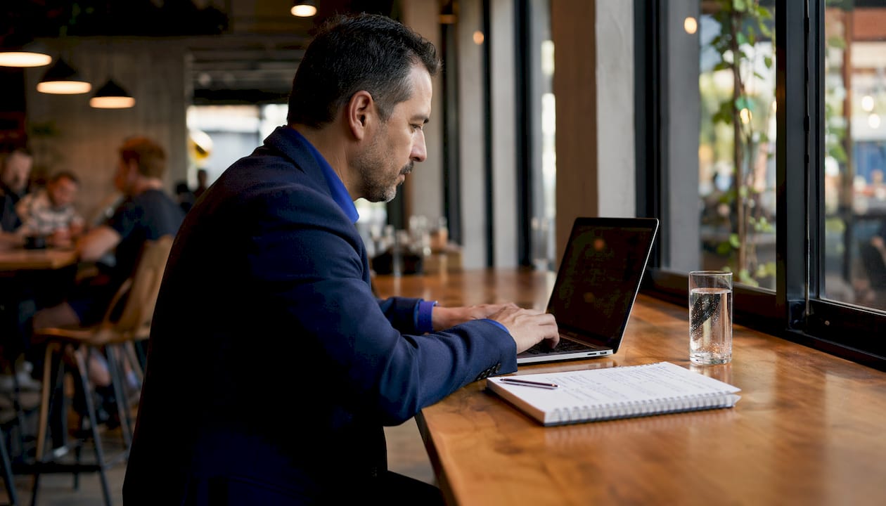 Un uomo sta esaminando le brochure dei principali software per l’email marketing, valutando quale soluzione possa essere la più adatta alle sue esigenze.