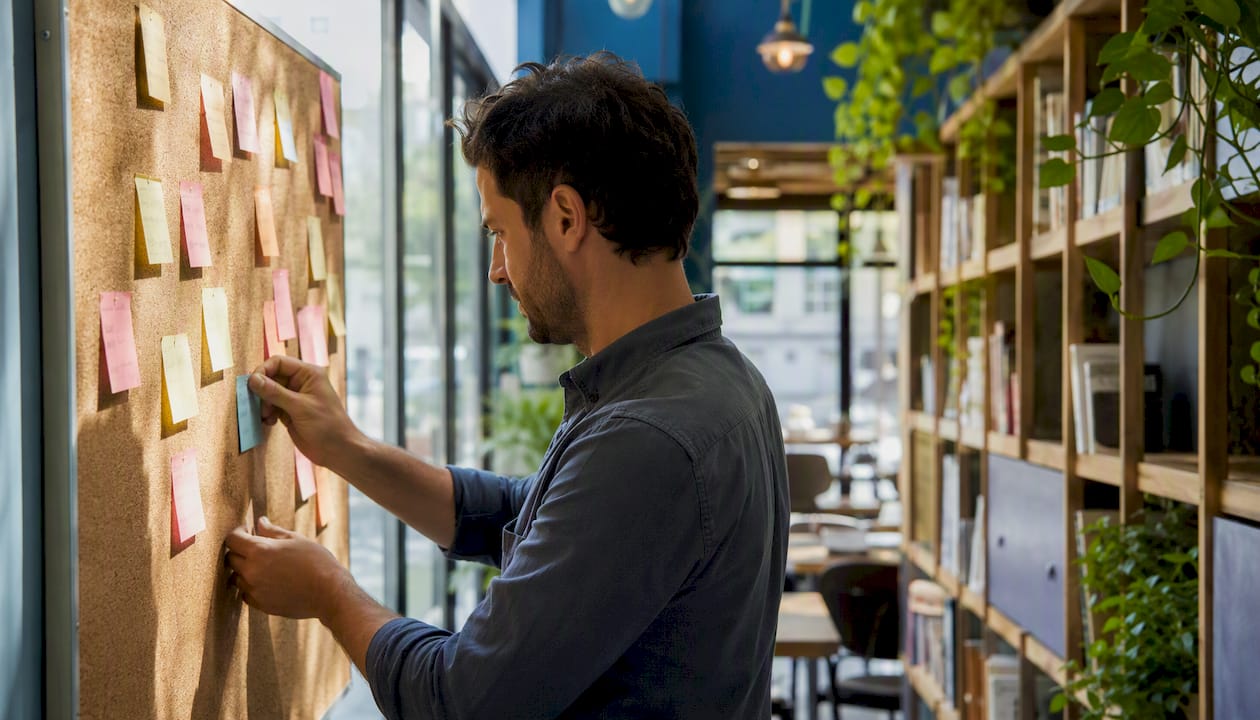 Founder hands arranging sticky notes on whiteboard