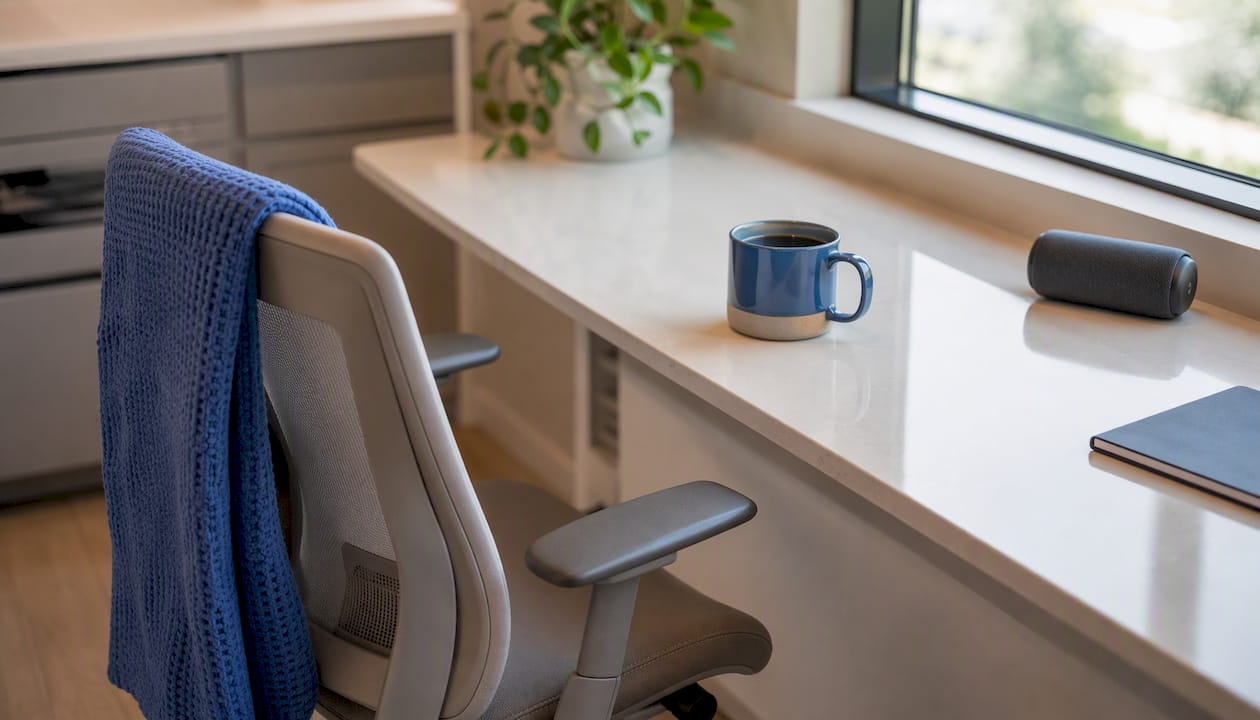 Home office corner with chair mug playlist