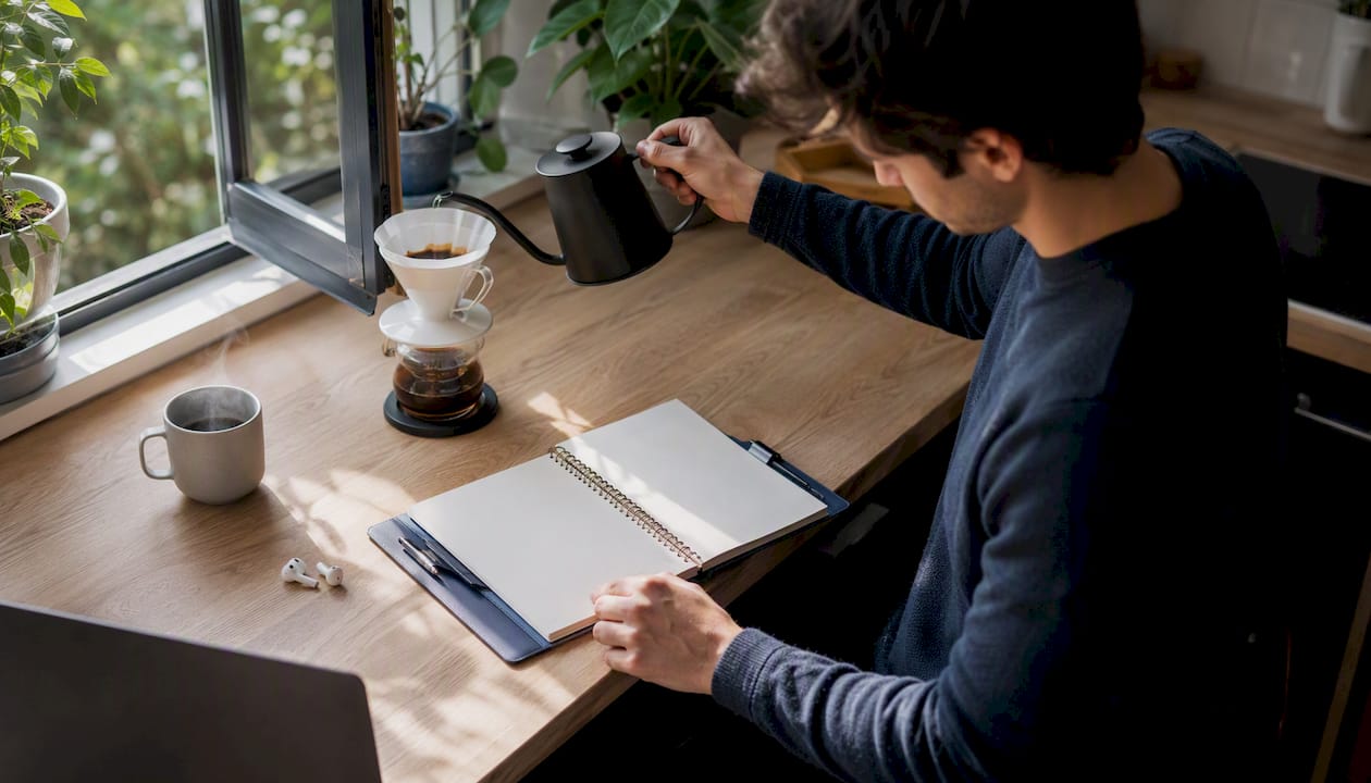 Founder brewing coffee and preparing weekly planner