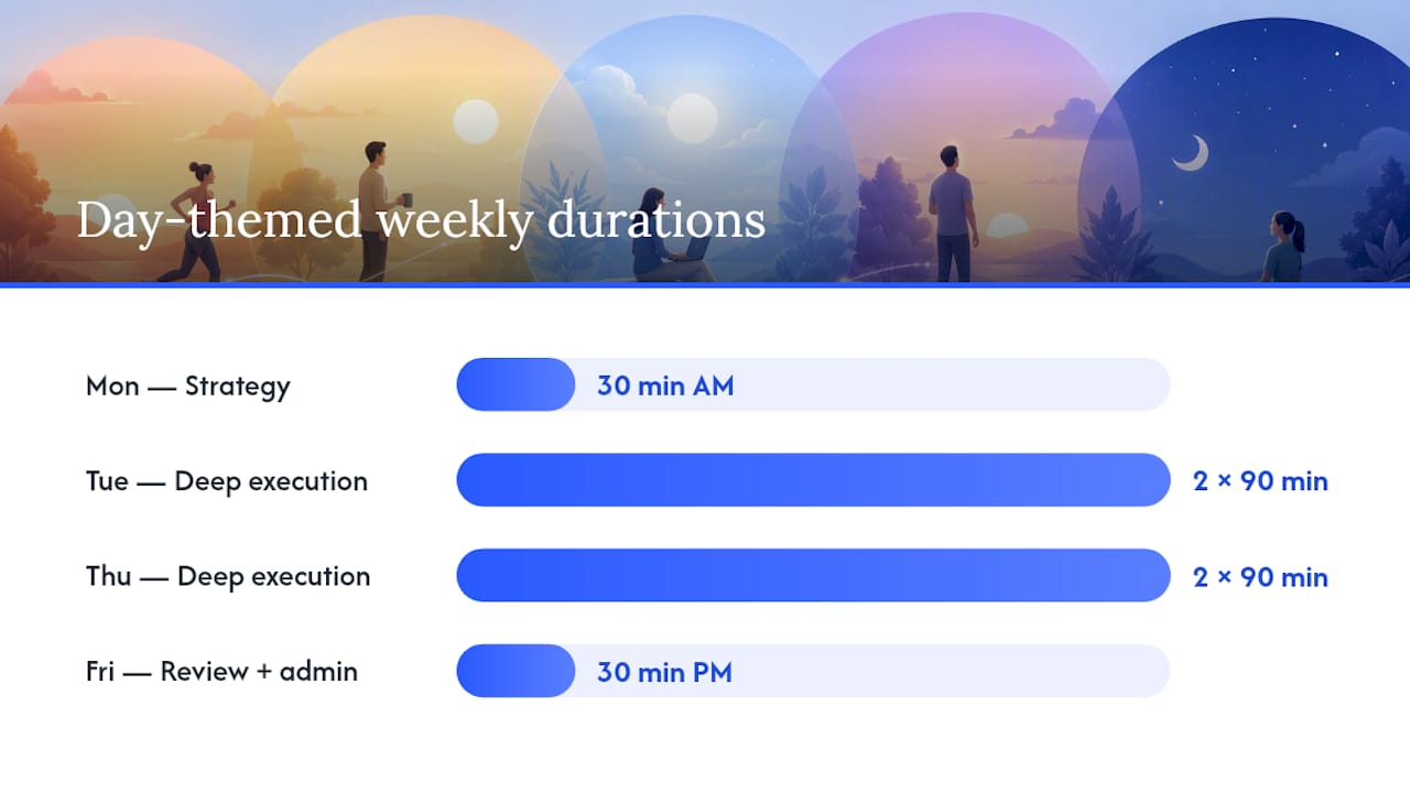 Weekly schedule day themes with blocks and durations
