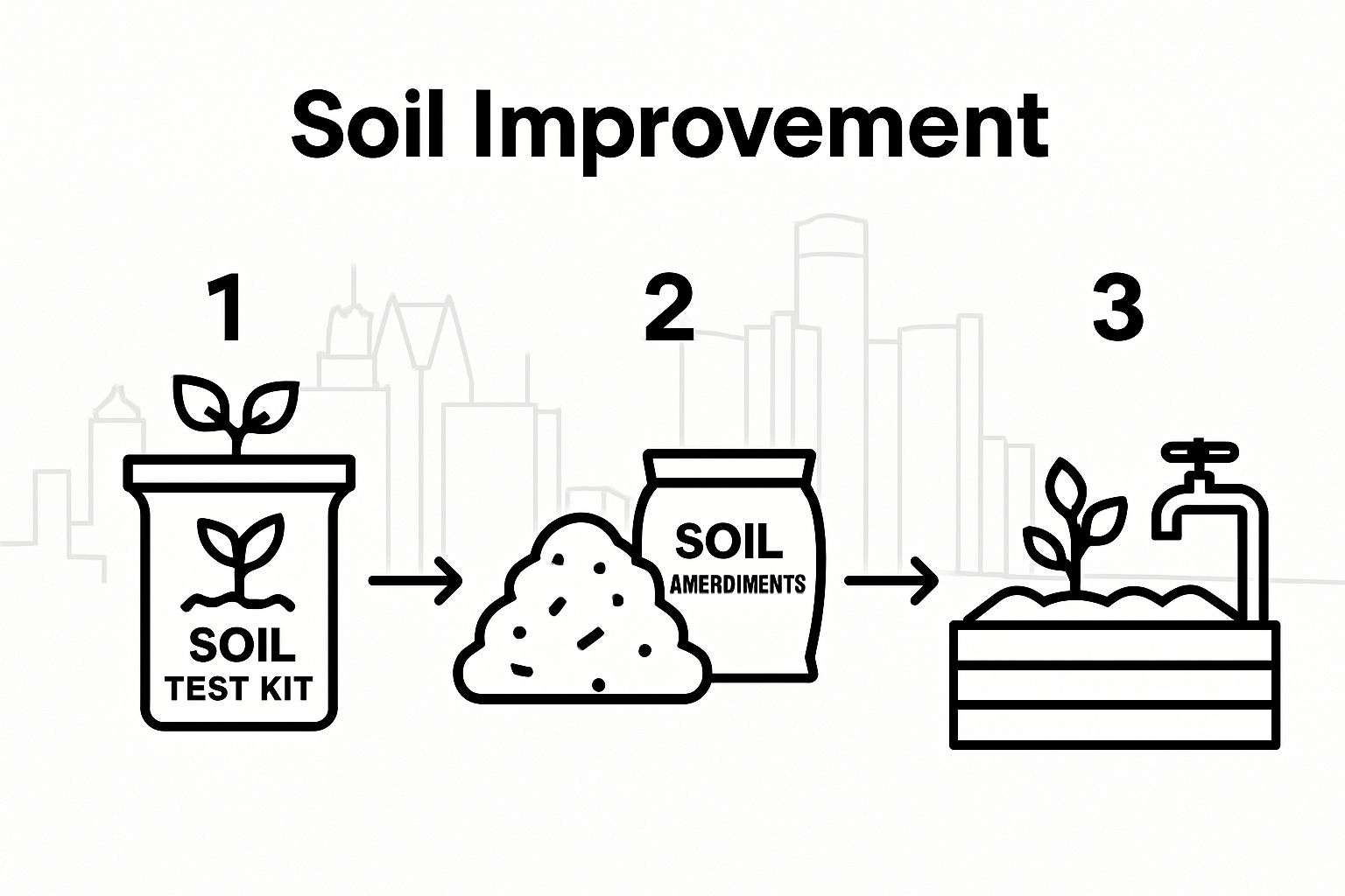Infographic showing three-step soil preparation process for Detroit community gardens