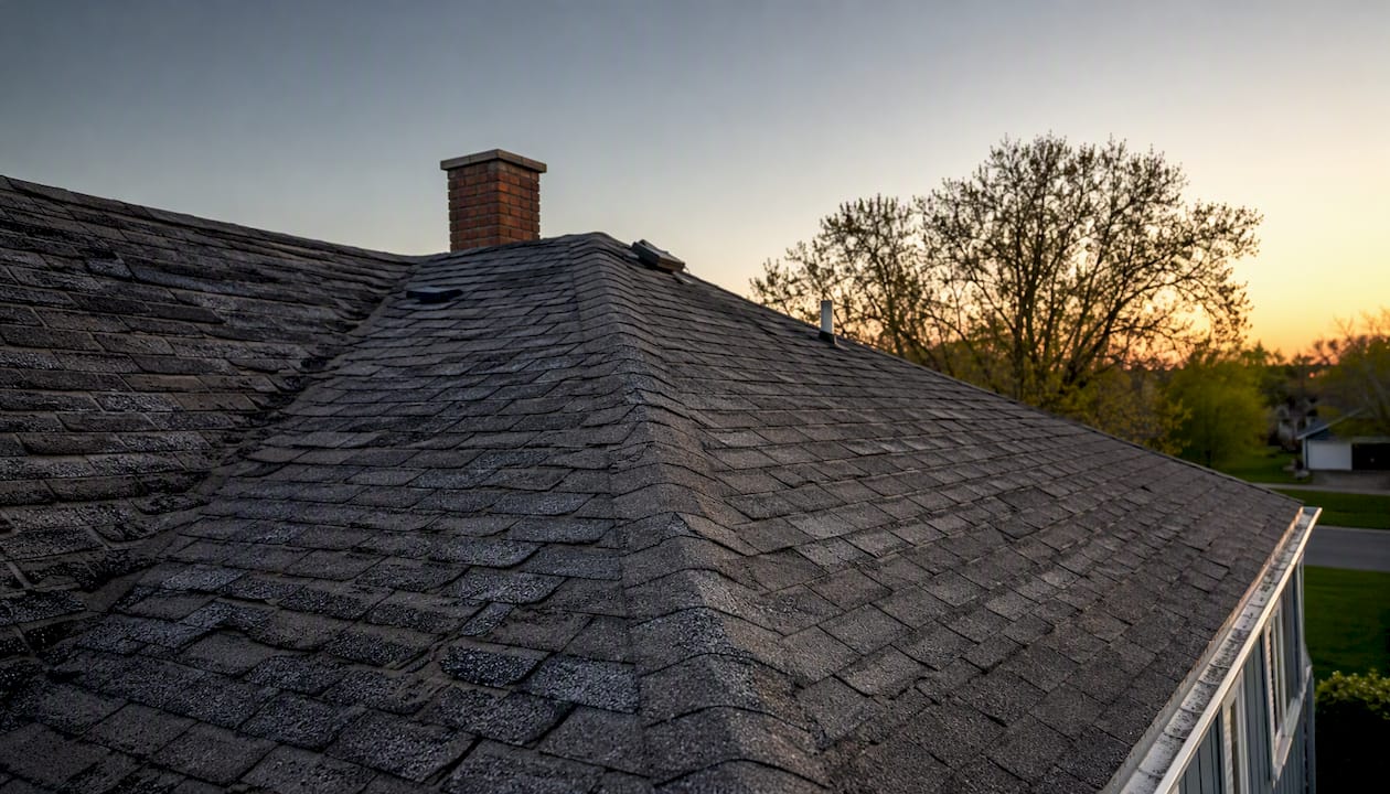 Worn residential roof shingles close-up