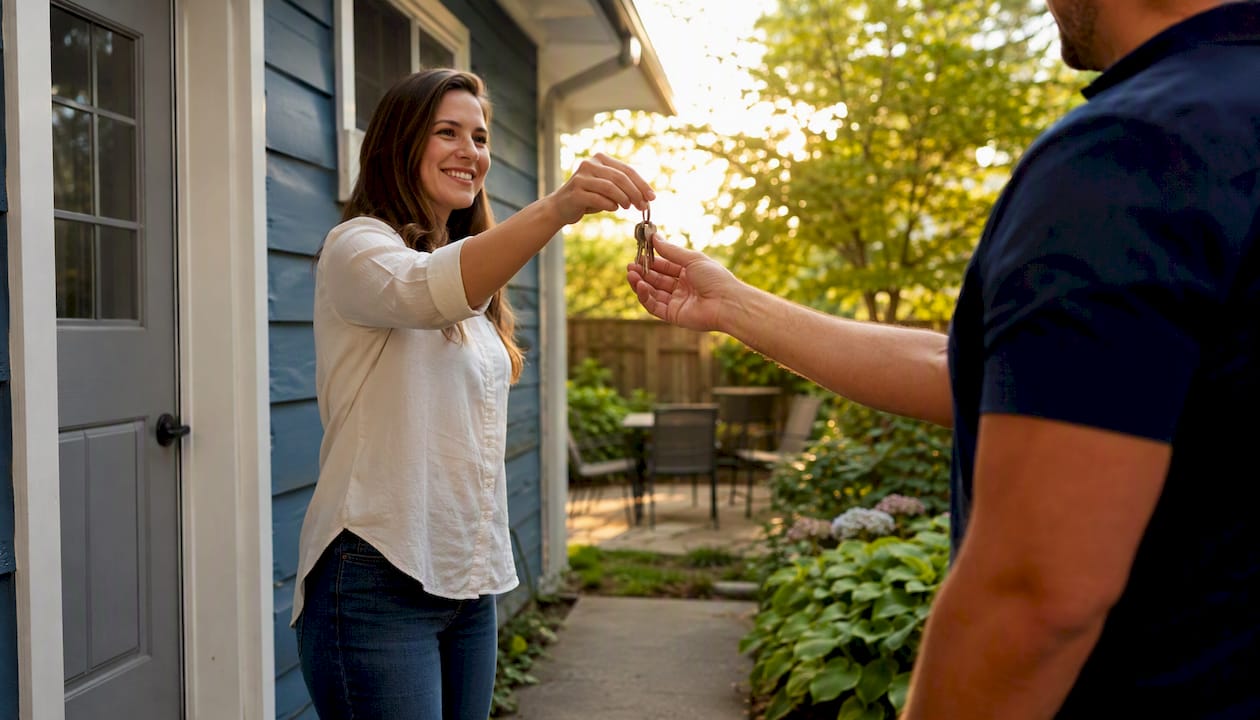 Handing rental property keys outdoors