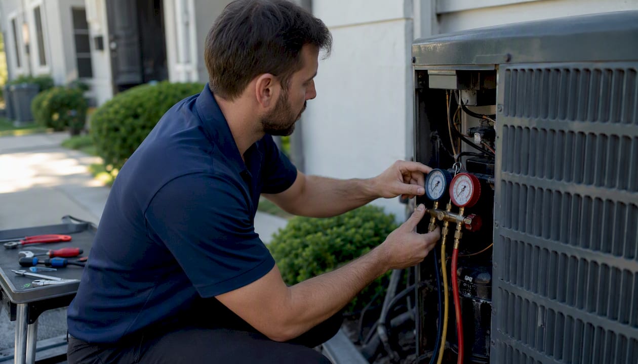 Hands inspecting HVAC unit at rental property