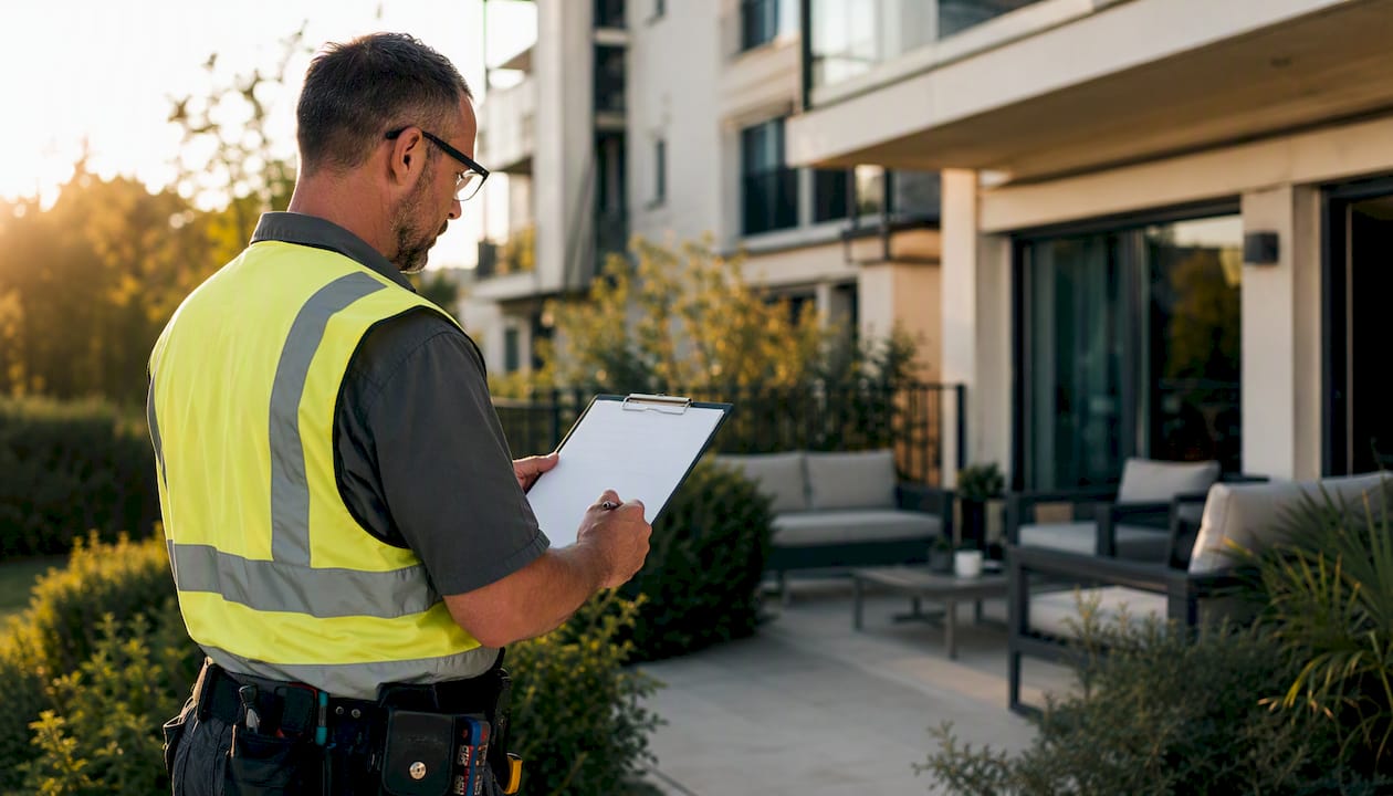 Vendor inspecting apartment building details