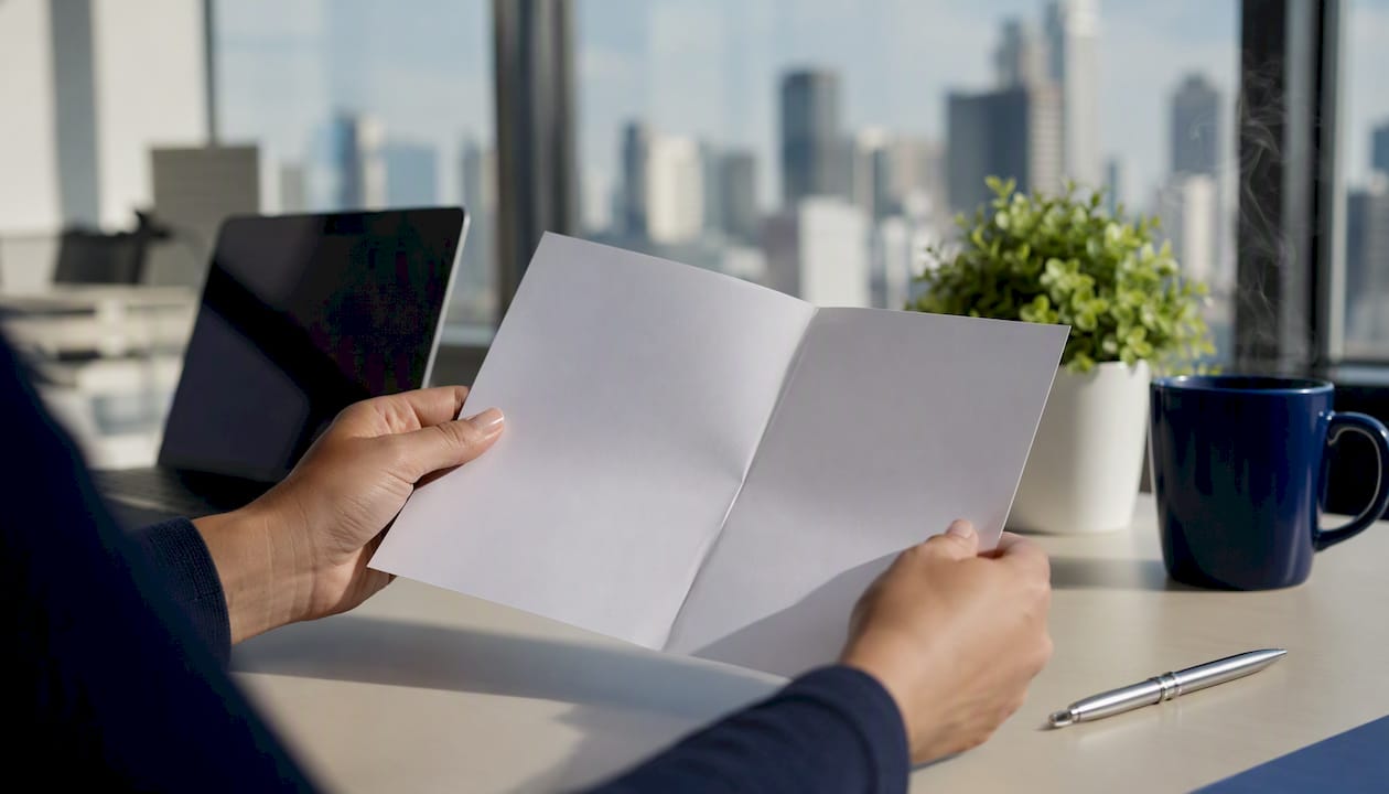 Hands holding blank form at modern office desk