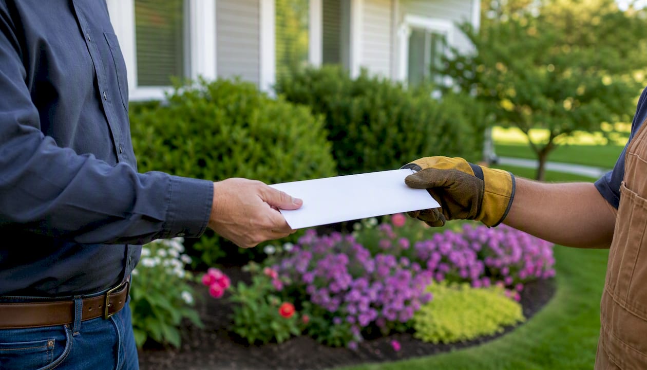 Hands exchanging payment envelope outside rental