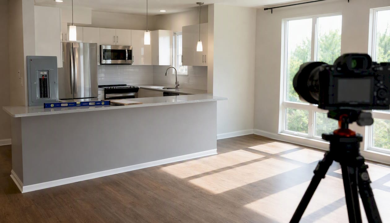 Kitchen space being photographed for rental listing