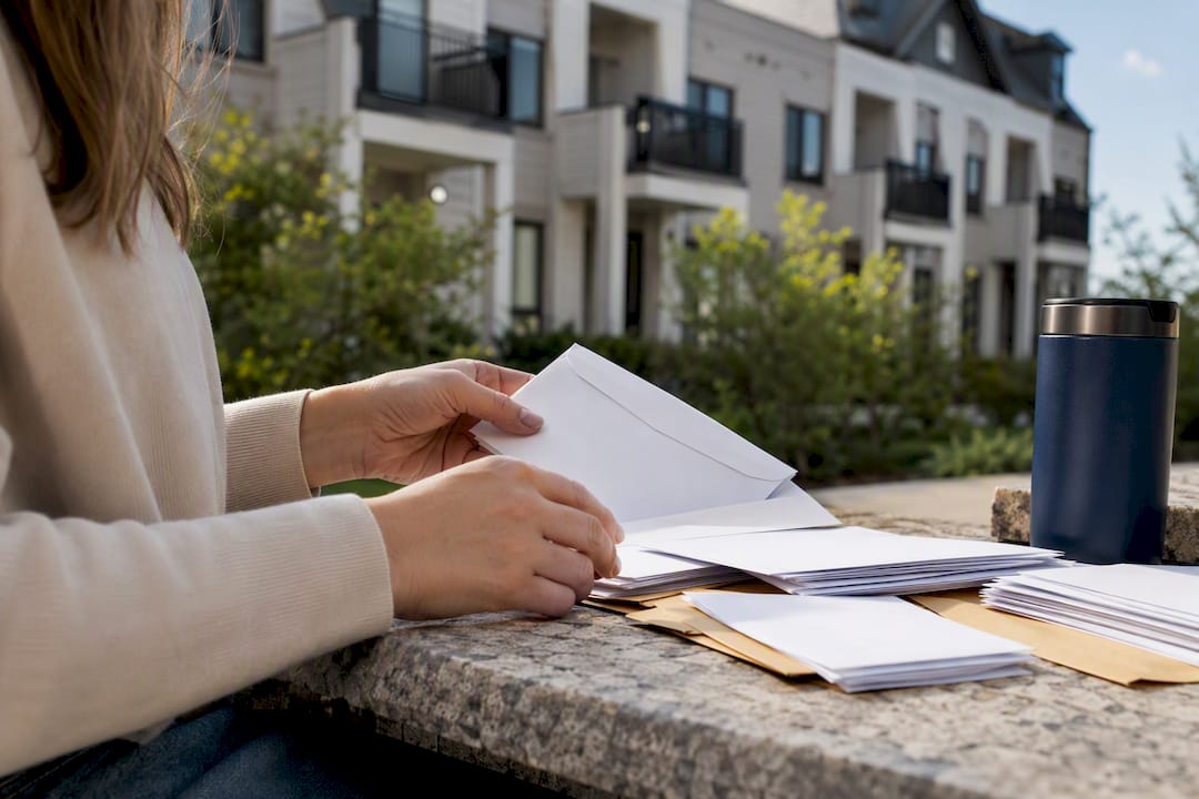 Hands organizing eviction paperwork in office