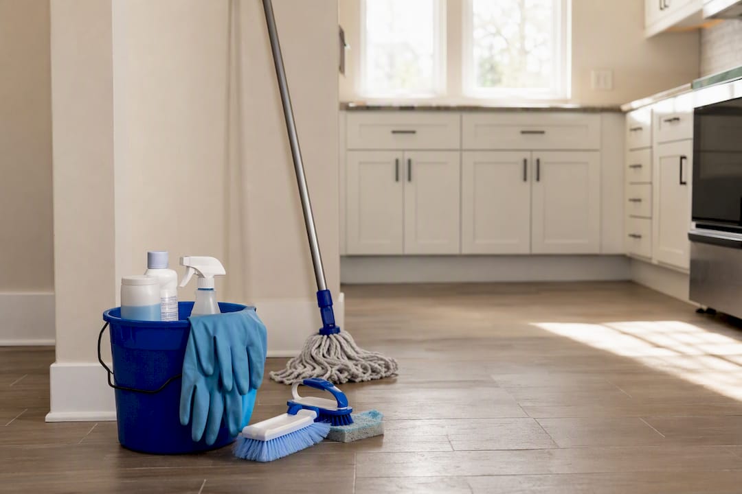 Cleaning tools prepping apartment unit