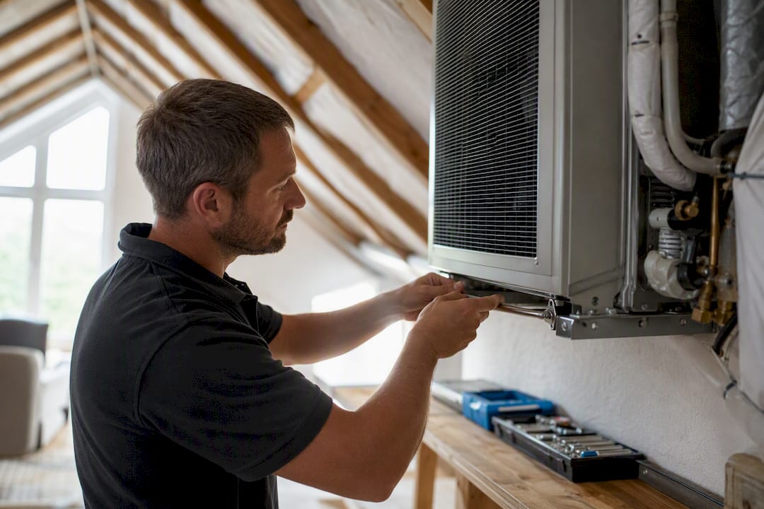 Hands adjusting HVAC unit valve in utility room