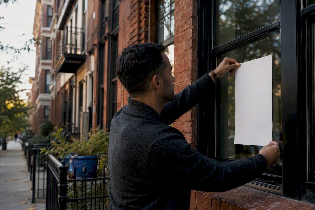 Hand adjusting lease concession sign on apartment
