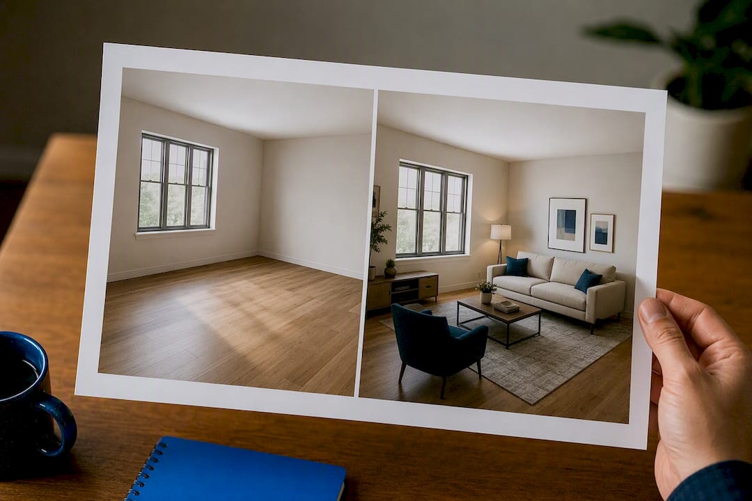 Before and after virtually staged rental room
