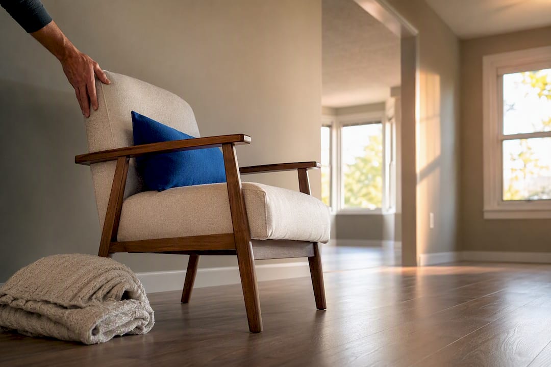 Staged rental living room prepared for photography