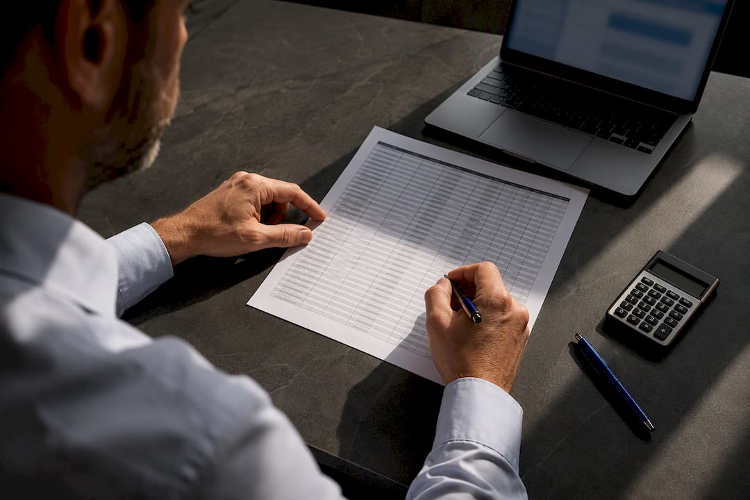 Hands auditing an anonymized rent roll