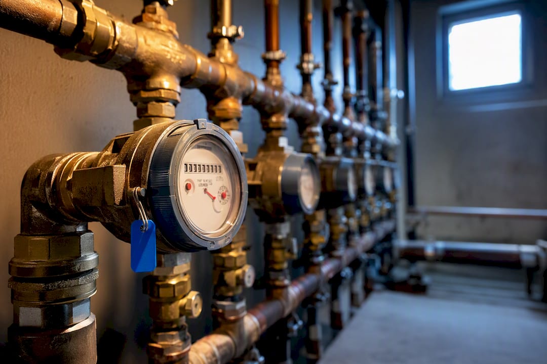 Shared utility meter and branching building pipes