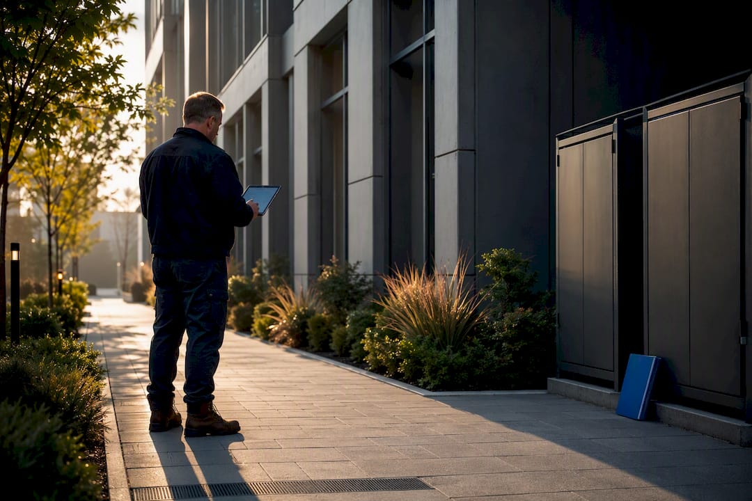 Manager inspecting commercial property common area