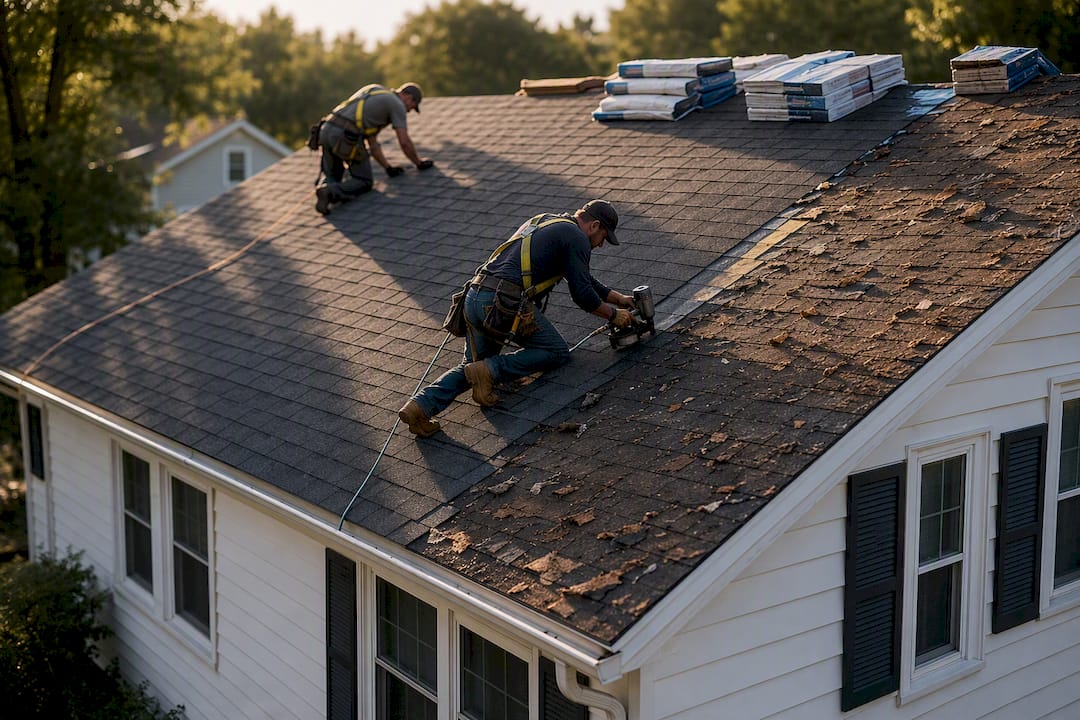 Crew replacing roof on rental property