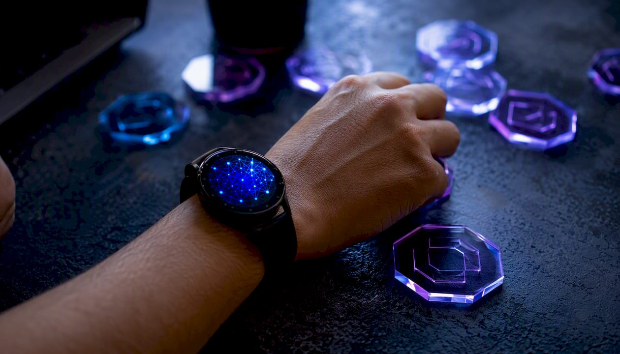 Abstract blockchain motifs and smartwatch